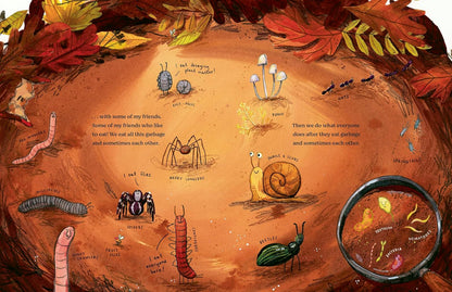 Illustration of a composting process with various insects and worms, surrounded by autumn leaves.