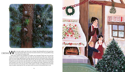 Illustration of a family by a fireplace with Christmas decorations