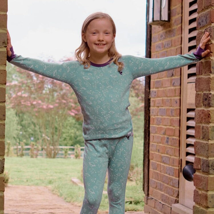 Kids Synthetic Drift Thermal Base Layer Bottom - Cotton Blend, Breathable, PJ | Muddy Puddles #color_sage-sky