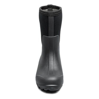 A single black rubber rain boot with a black neoprene upper, shown from a front-facing perspective on a solid white background.