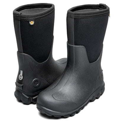 A pair of black rubber and neoprene mid-calf boots, shown from the side and back on a clean white background.