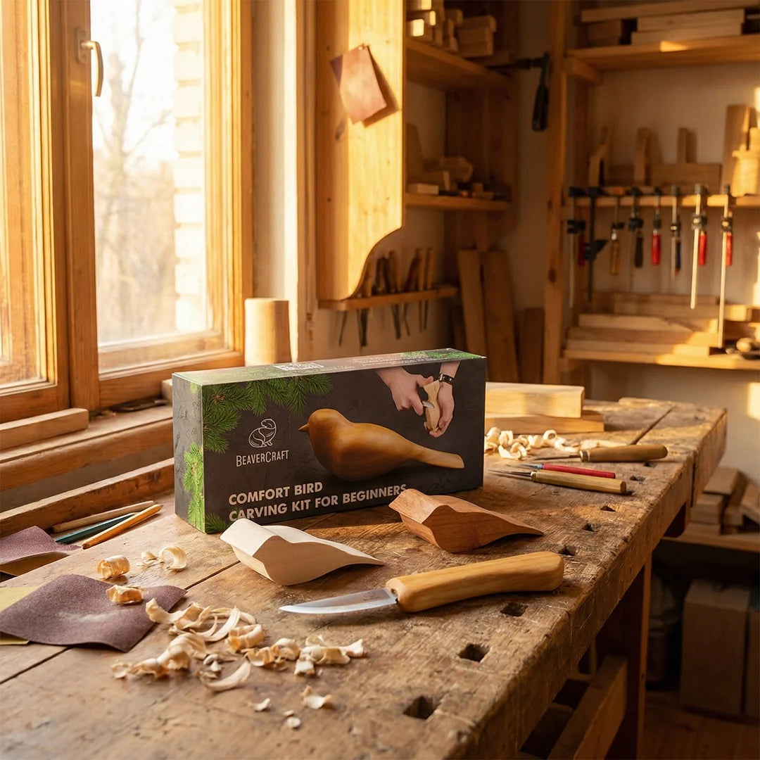 comfort bird carving kit with tools on woodworking bench