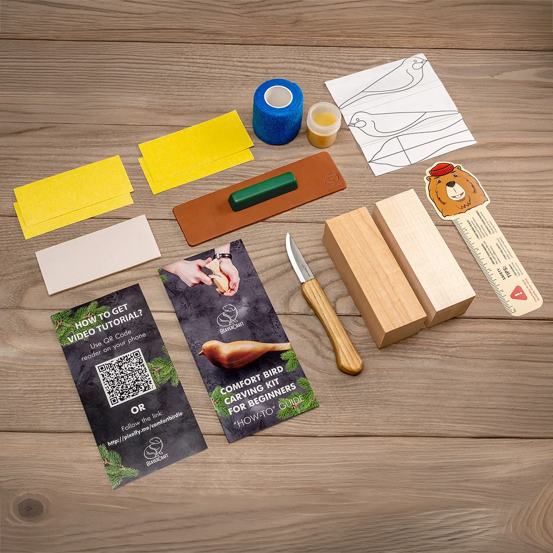 comfort bird carving kit contents with tools wood blocks and instructions