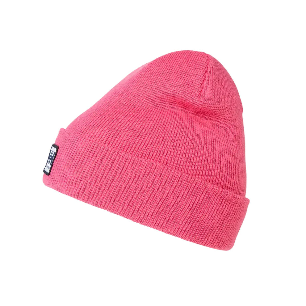 A bright pink ribbed knit beanie hat with a small black and white brand tag on the folded cuff, shown against a light gray background.