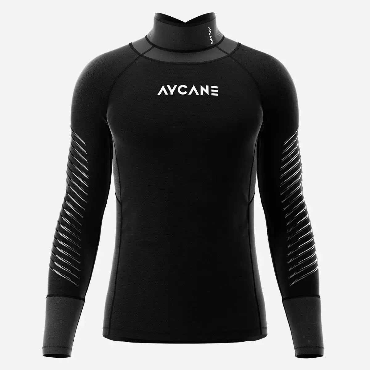Black long-sleeve athletic shirt with 'Avcane' logo on a white background