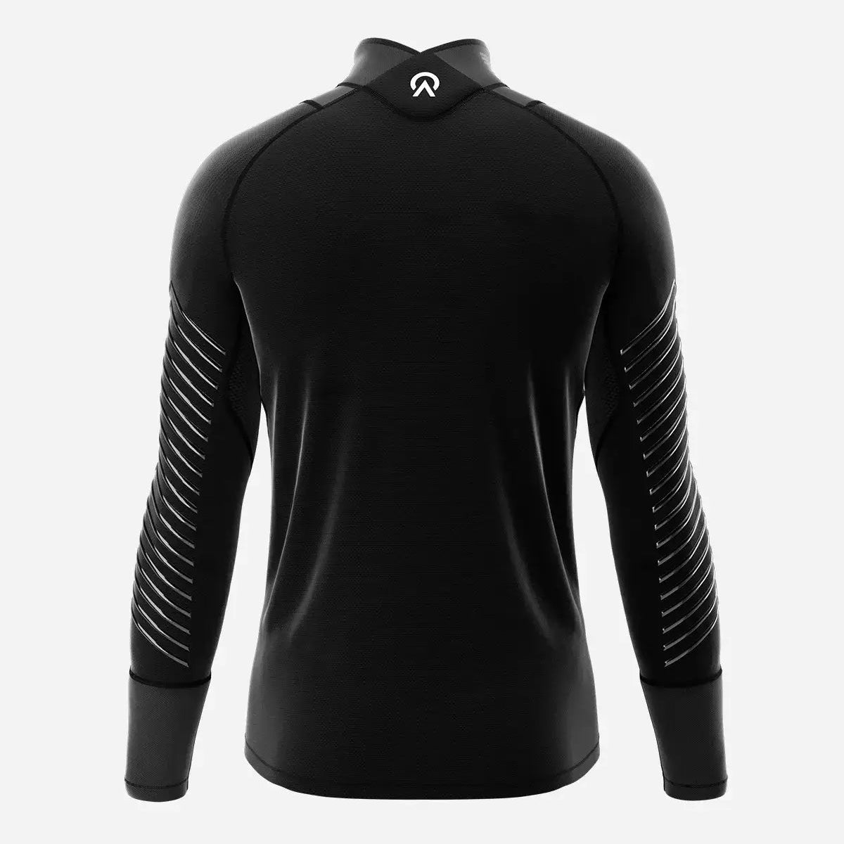 Black long-sleeve athletic shirt with white accents on a white background