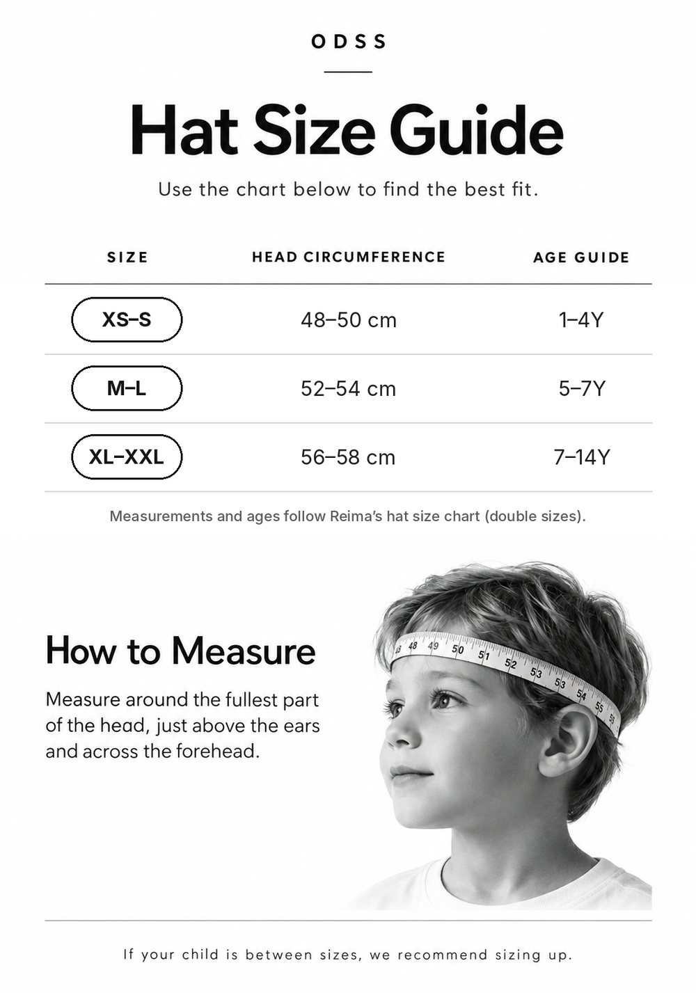 ODSS kids hat size guide for double sizes: XS–S 48–50 cm (1–4Y), M–L 52–54 cm (5–7Y), XL–XXL 56–58 cm (7–14Y), with how to measure head circumference