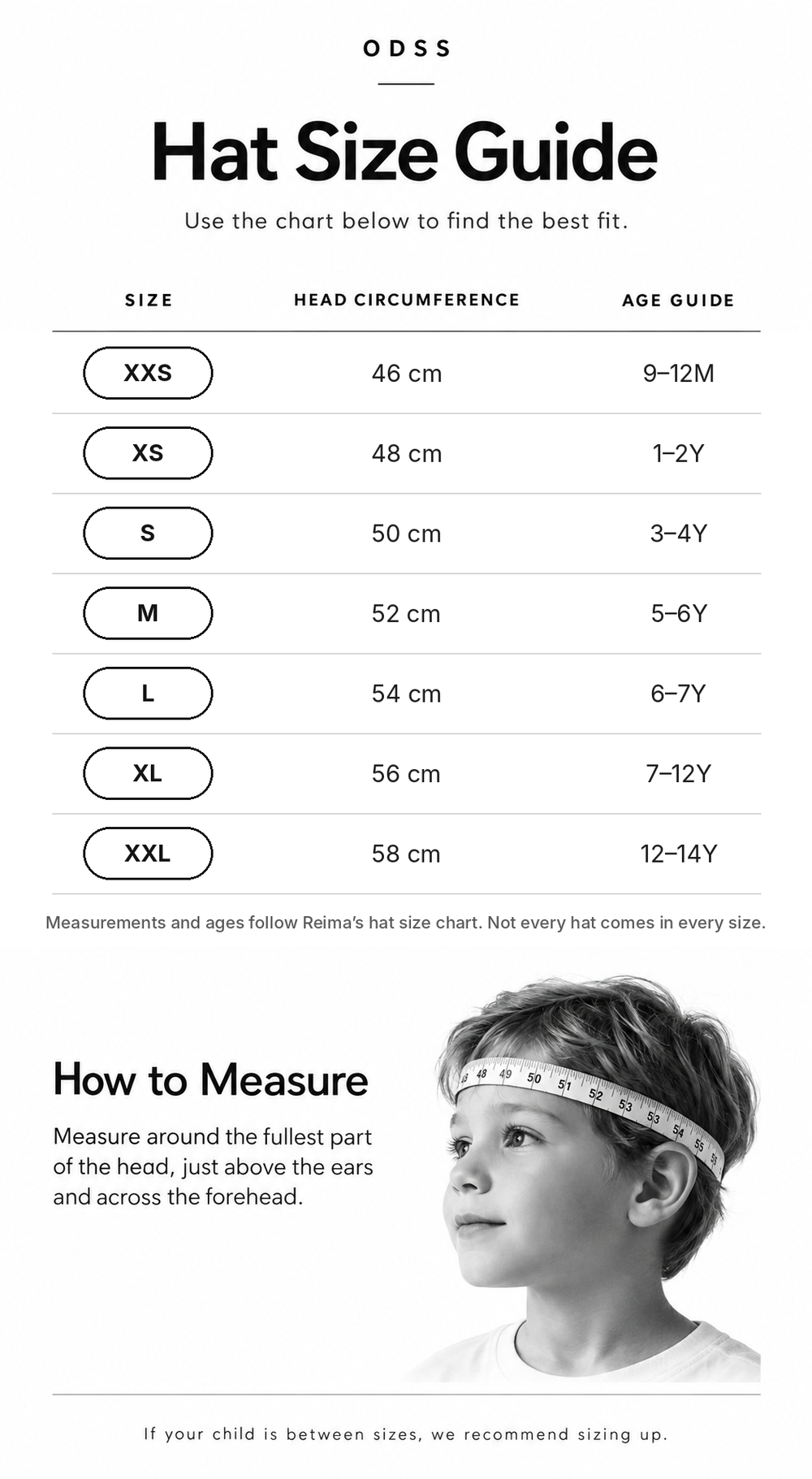 ODSS kids hat size guide: XXS 46 cm (9–12M), XS 48 cm (1–2Y), S 50 cm (3–4Y), M 52 cm (5–6Y), L 54 cm (6–7Y), XL 56 cm (7–12Y), XXL 58 cm (12–14Y), with how to measure head circumference