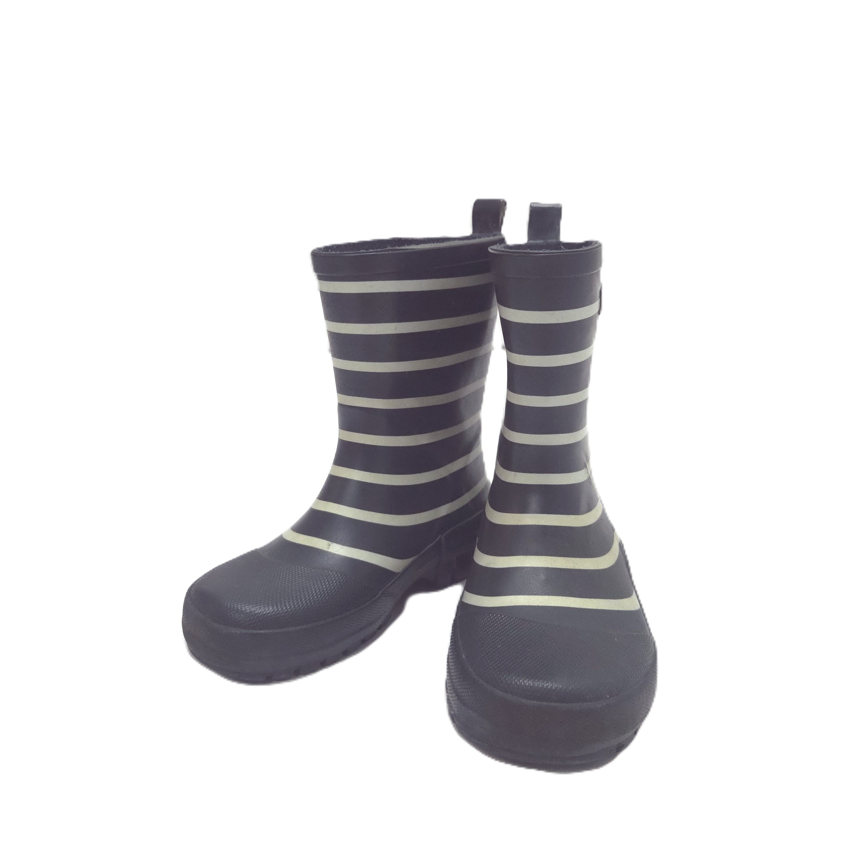 Pair of striped rain boots on a white background
