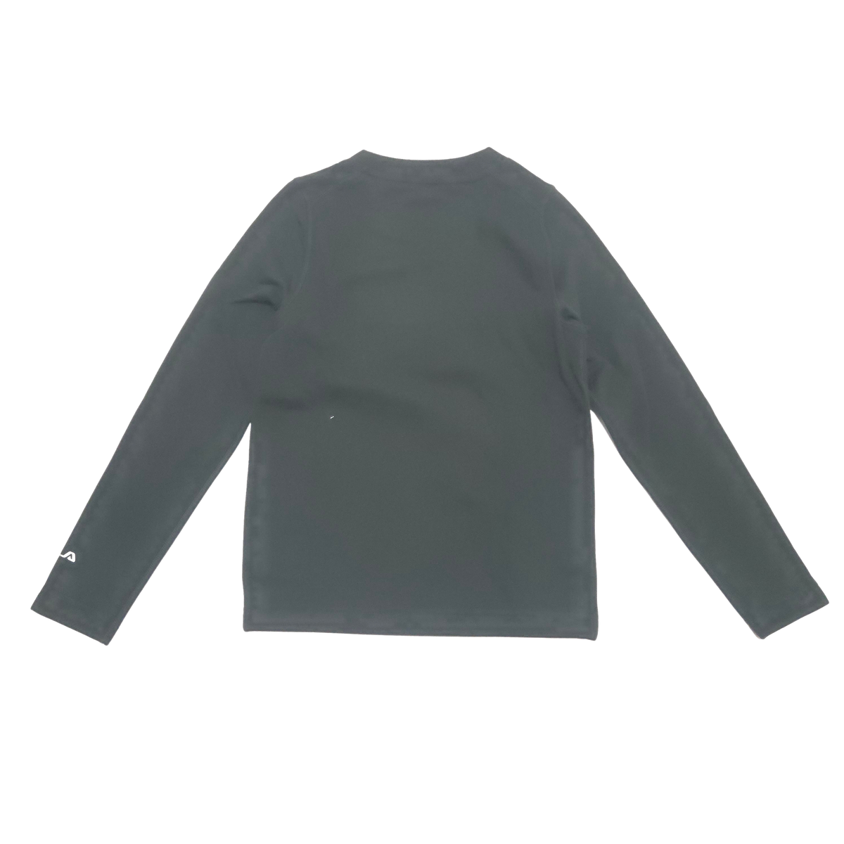 A black long-sleeve crewneck shirt laid flat against a white background.