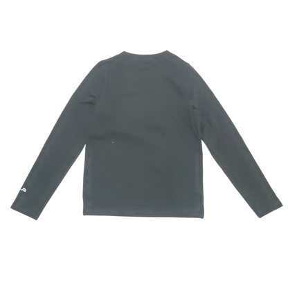 A black long-sleeve crewneck shirt laid flat against a white background.