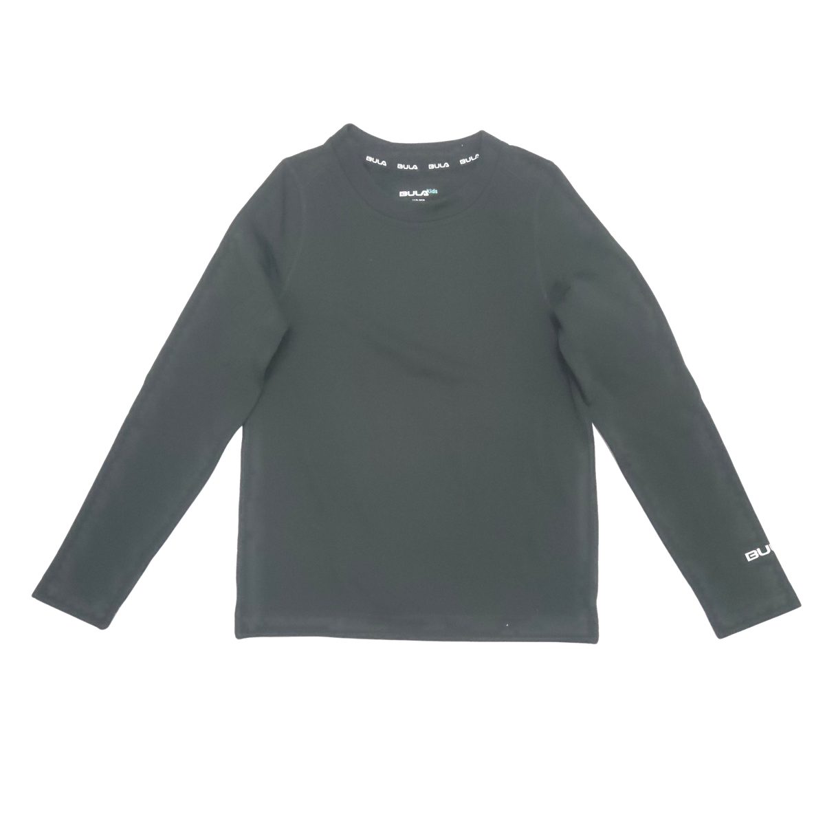 A black long-sleeve crewneck shirt with small white text branding on the inner neck and left sleeve, displayed flat against a white background.