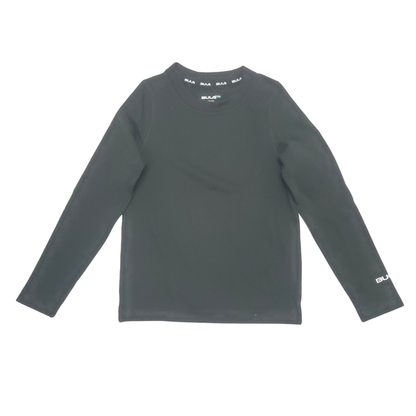 A black long-sleeve crewneck shirt with small white text branding on the inner neck and left sleeve, displayed flat against a white background.
