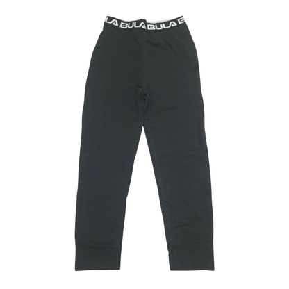 Black athletic leggings with a white elastic waistband featuring the brand name 'BULA' repeated in white text.