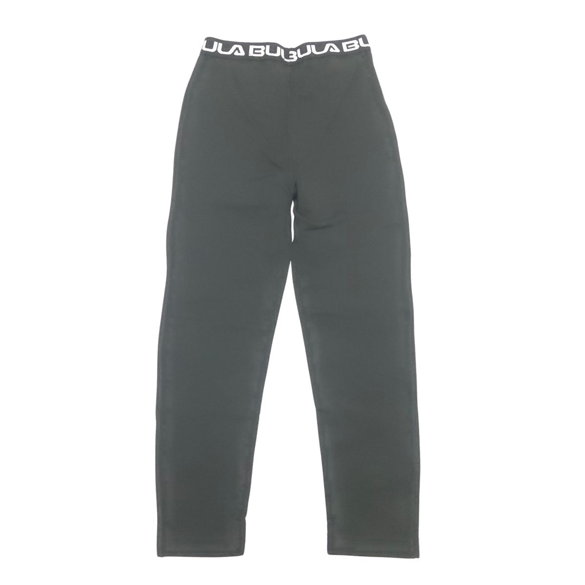 Black straight-leg pants with a white elastic waistband featuring the brand name 'Bula' printed in white.