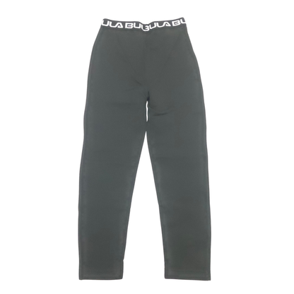 Black straight-leg pants with a white elastic waistband featuring the brand name 'Bula' printed in white.
