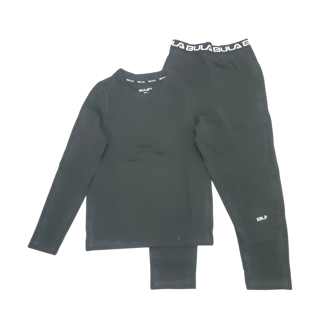 A two-piece children's fleece base layer set in black color.