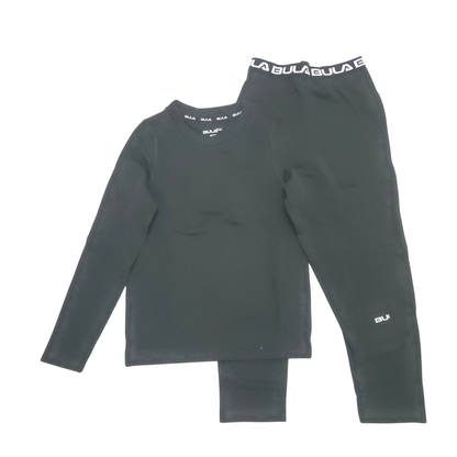 A two-piece children's fleece base layer set in black color.