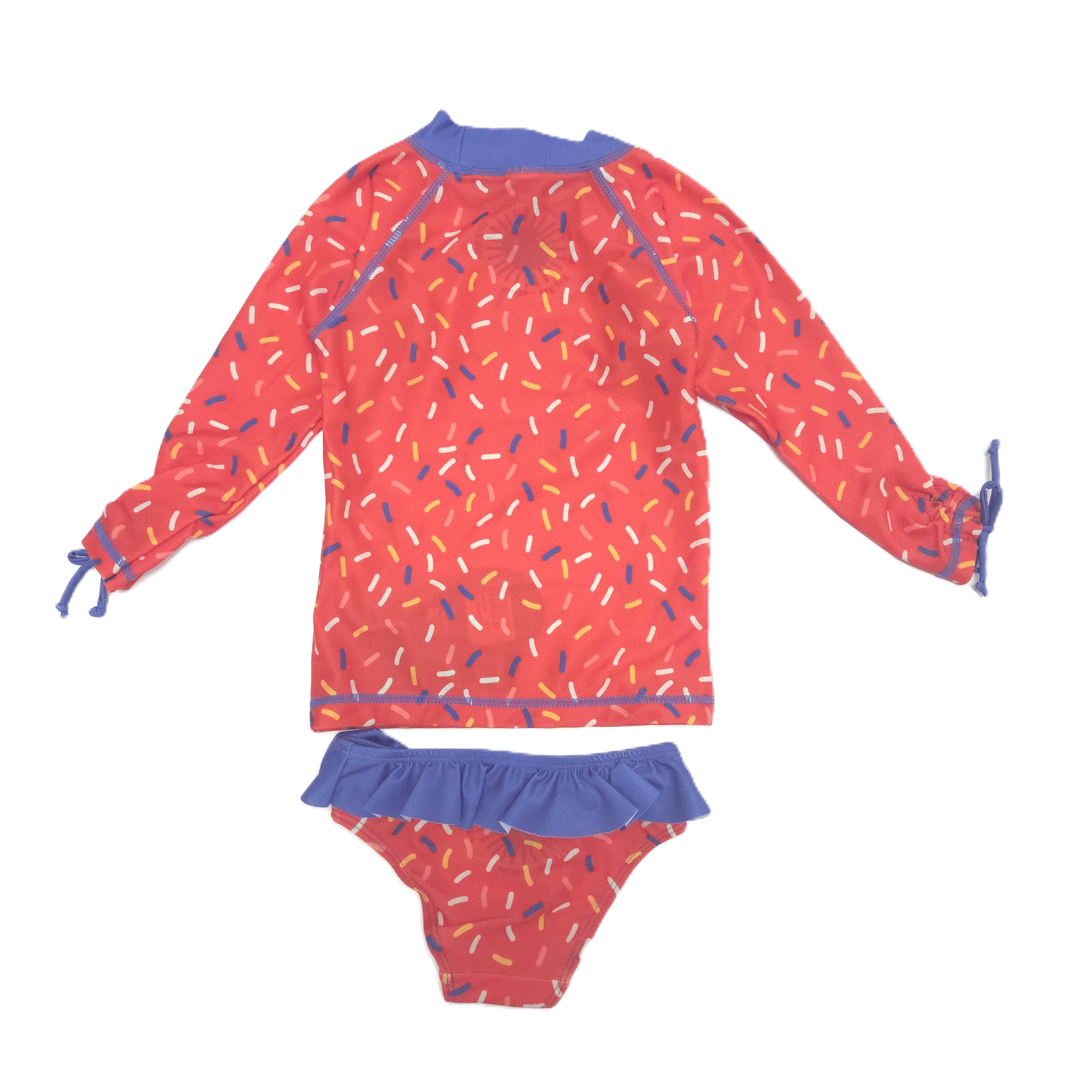Children's two-piece swimsuit with long-sleeve rash guard and matching bottom on a white background