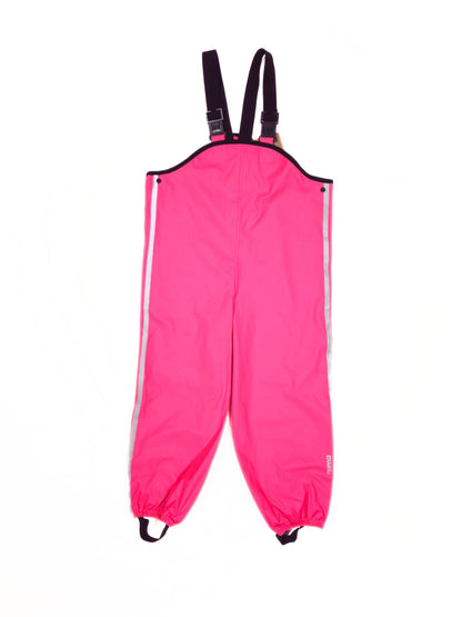 Bright pink waterproof bib rain pants with adjustable black shoulder straps, reflective side stripes, and elastic cuffed ankles, shown against a plain white background.