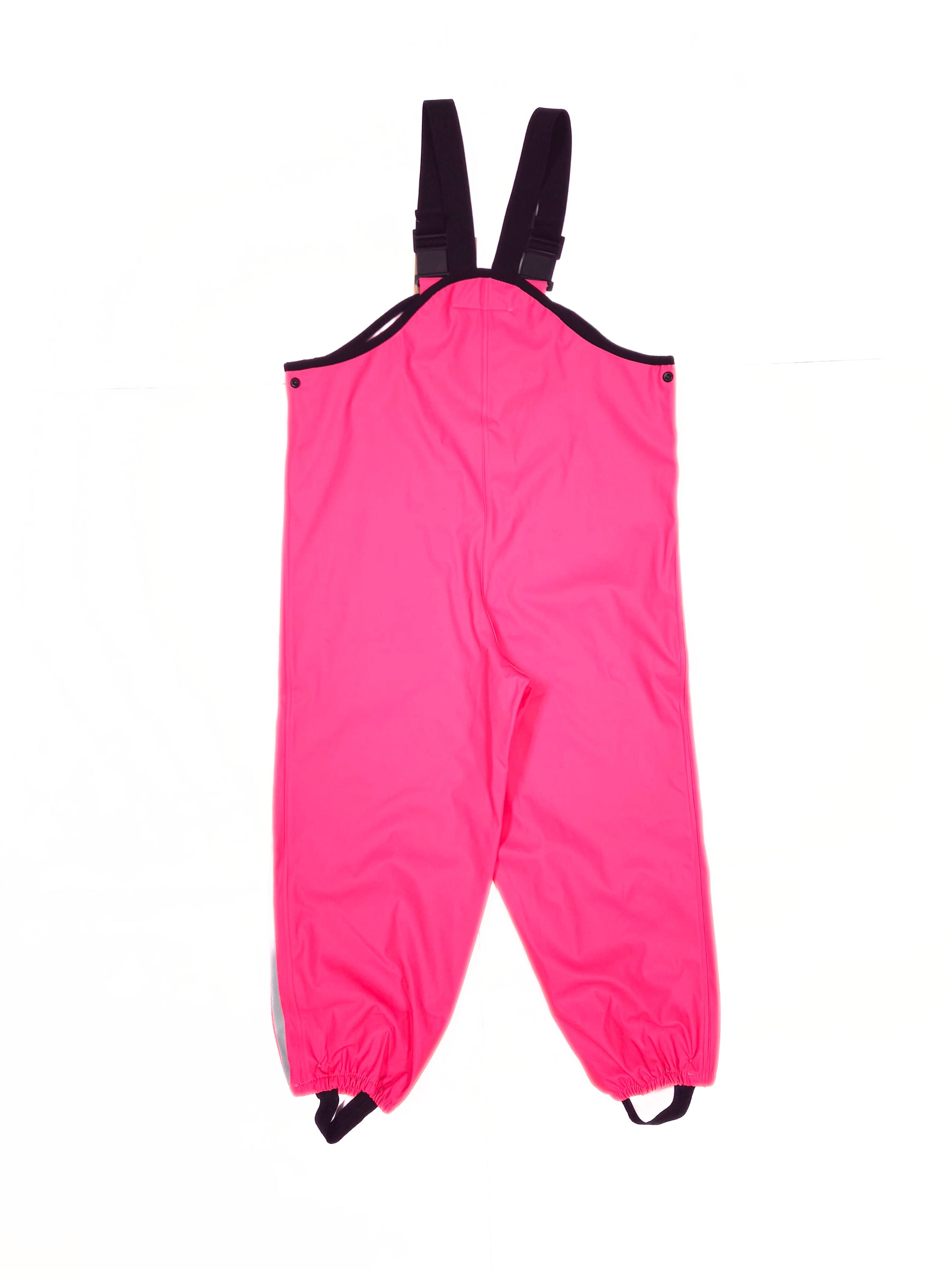 Bright pink children's bib rain pants with black shoulder straps and black trim, laid flat on a white background.