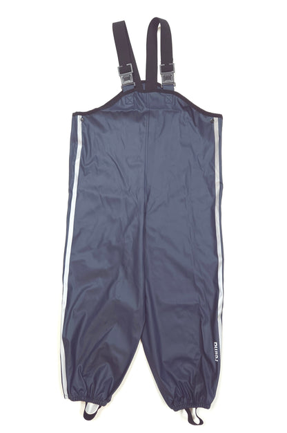 A pair of dark navy blue waterproof bib overalls with adjustable shoulder straps, featuring reflective side stripes and elasticized leg cuffs, shown against a plain white background.