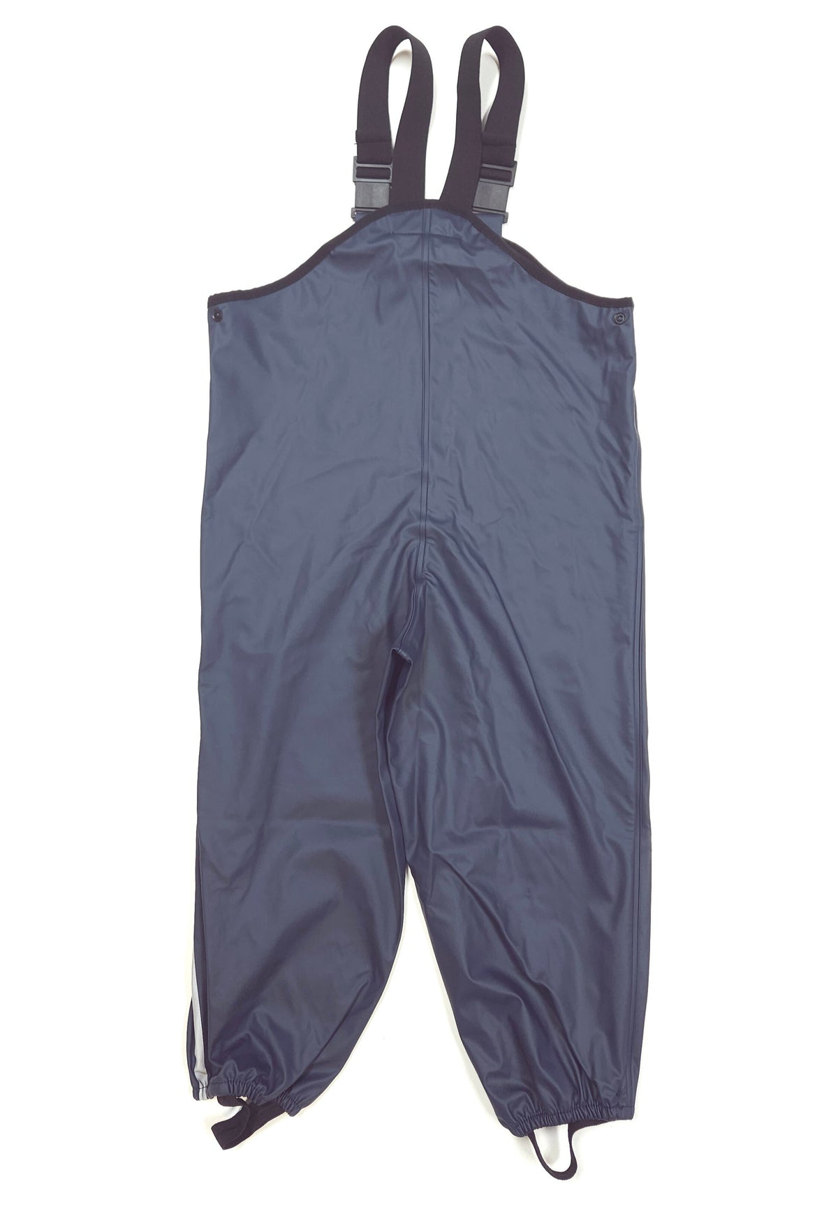 A pair of dark blue waterproof bib overalls with adjustable shoulder straps and elasticized leg cuffs, laid flat on a white background.