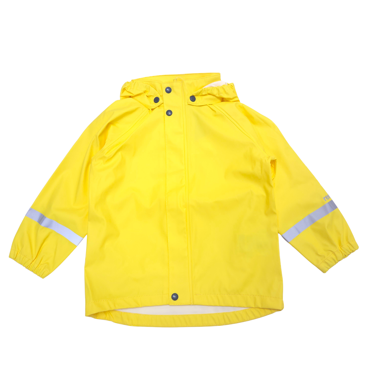 A bright yellow hooded rain jacket with reflective silver stripes on the sleeves, shown flat against a white background.
