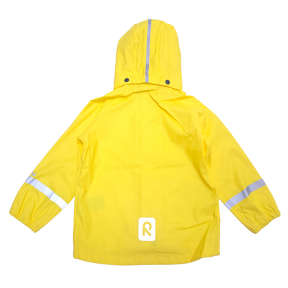 A bright yellow hooded rain jacket shown from the back, featuring reflective silver stripes on the hood, sleeves, and lower back, with a white square logo patch containing a stylized letter 'R'.