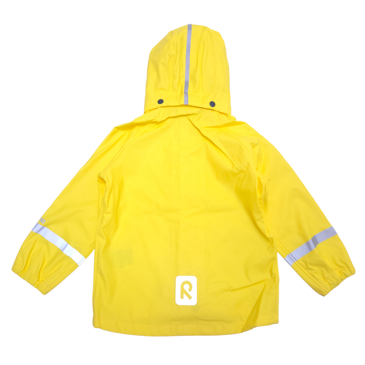 A bright yellow hooded rain jacket shown from the back, featuring reflective silver stripes on the hood, sleeves, and lower back, with a white square logo patch containing a stylized letter 'R'.
