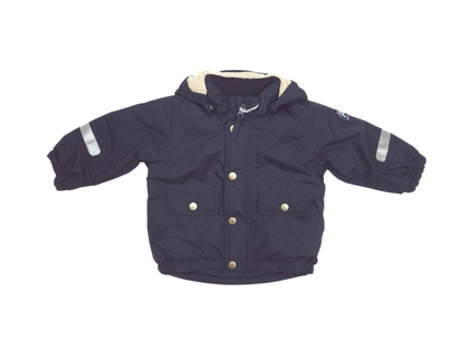 Navy blue children's jacket with reflective stripes on a white background