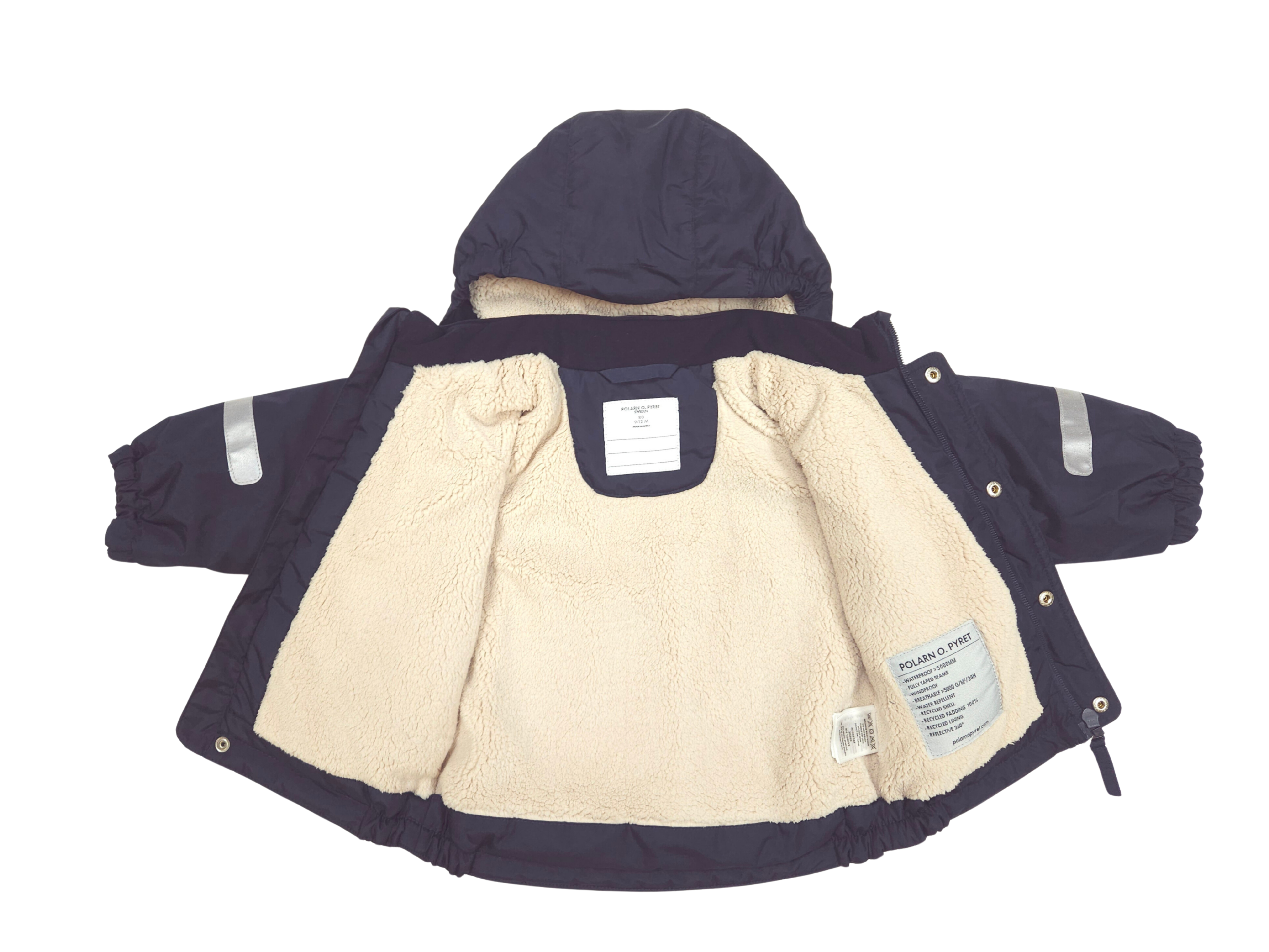 Children's navy and beige jacket with hood on a white background