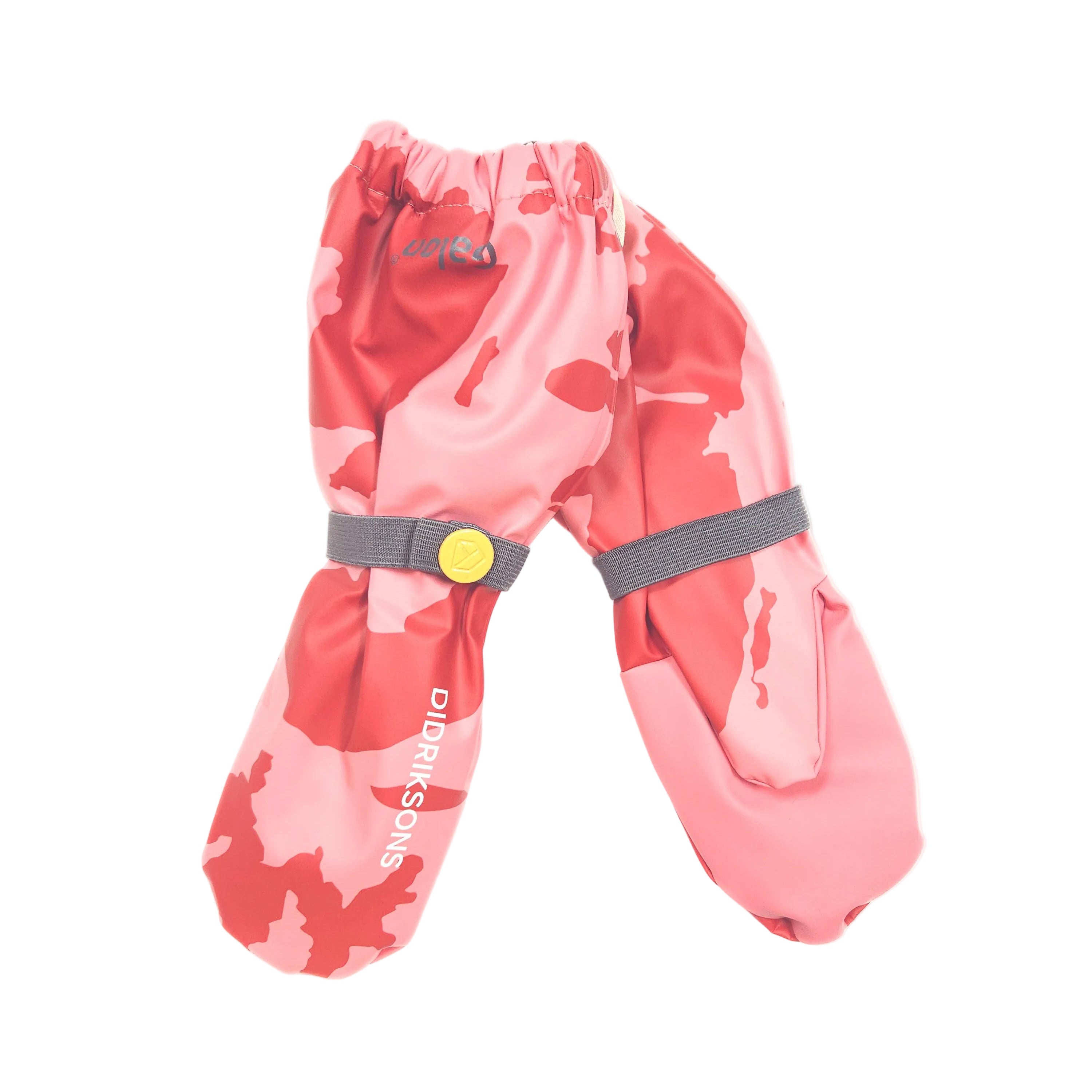 Pink and red camouflage rain mittens with a gray elastic waistband and a yellow snap button closure, shown on a plain white background.