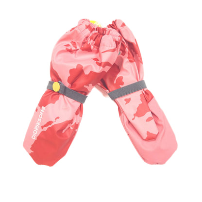 Pink and red camouflage rain mittens with gray elastic bands and yellow snap closures, shown on a plain white background.