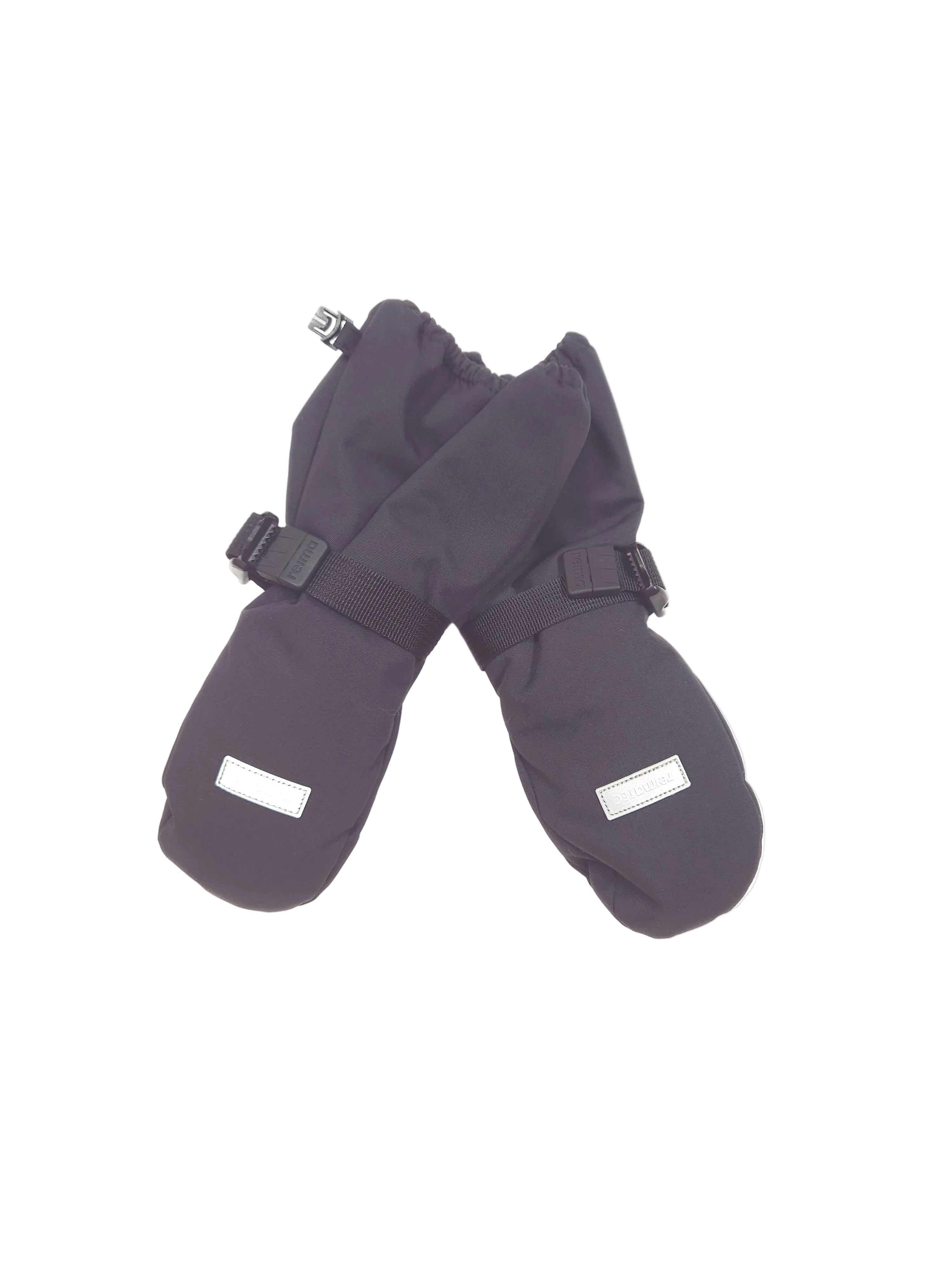 Pair of black mittens with reflective stripes on a white background