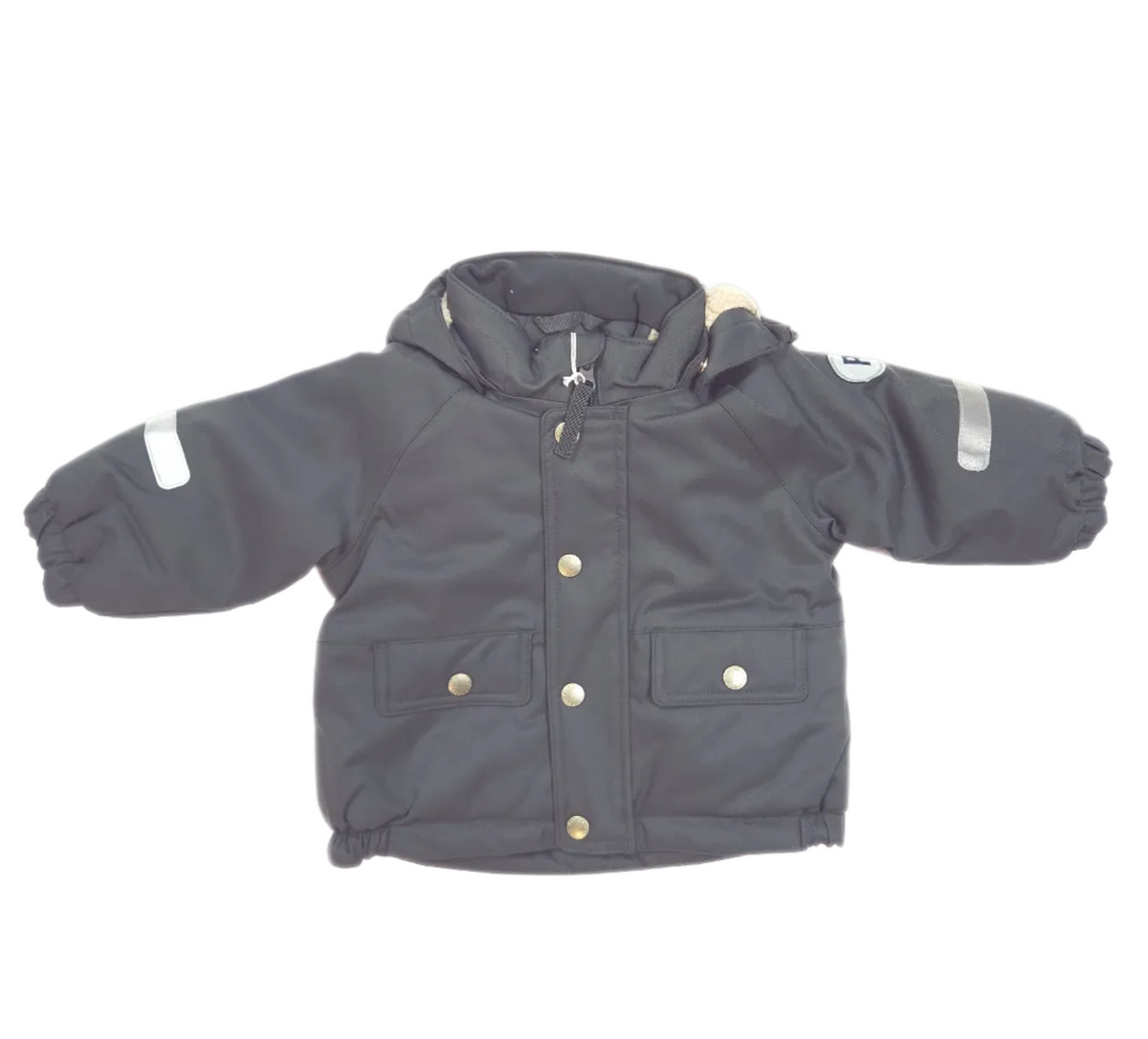 Children's gray WINTER jacket with reflective stripes on a white background