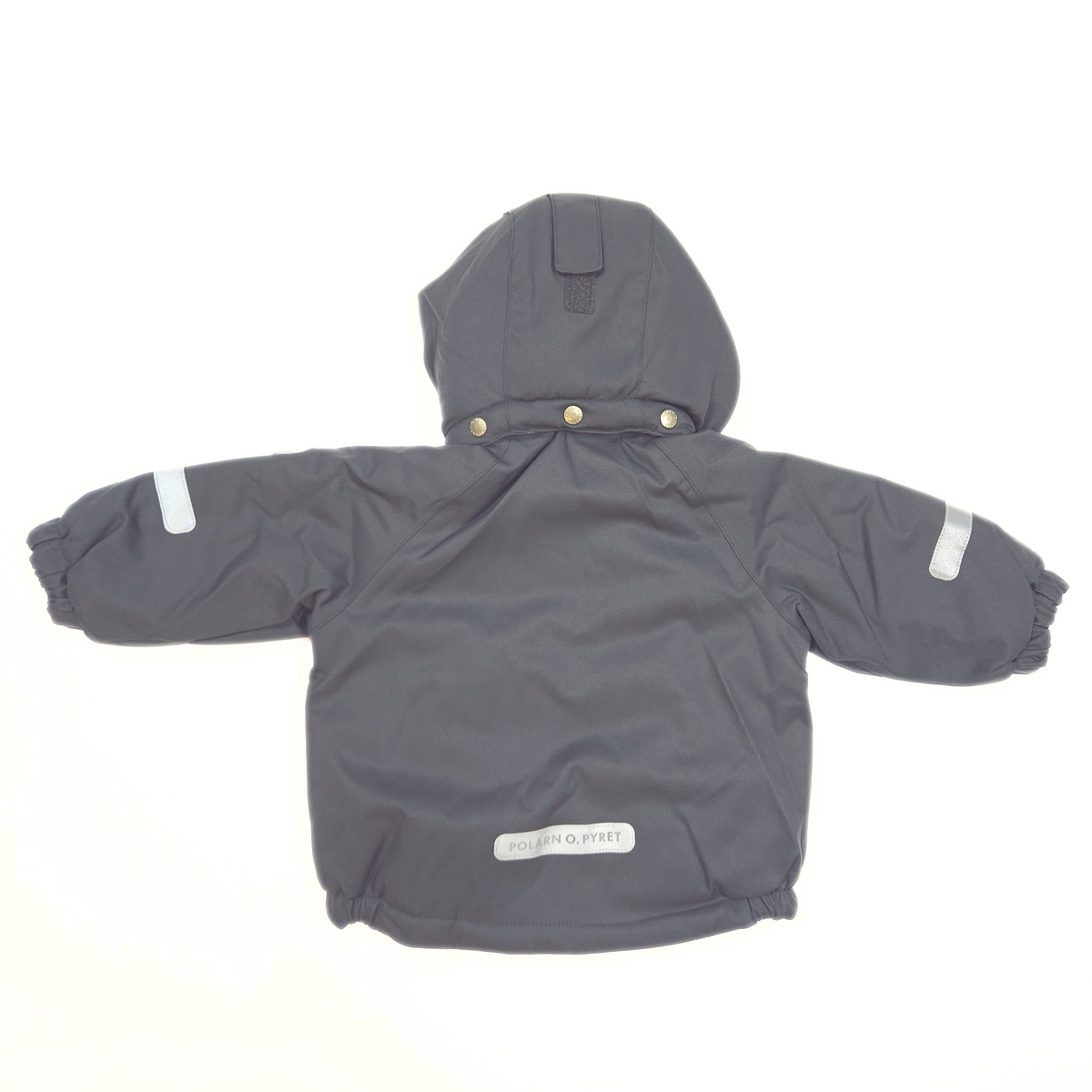 Dark gray children's winter jacket with a hood on a white background