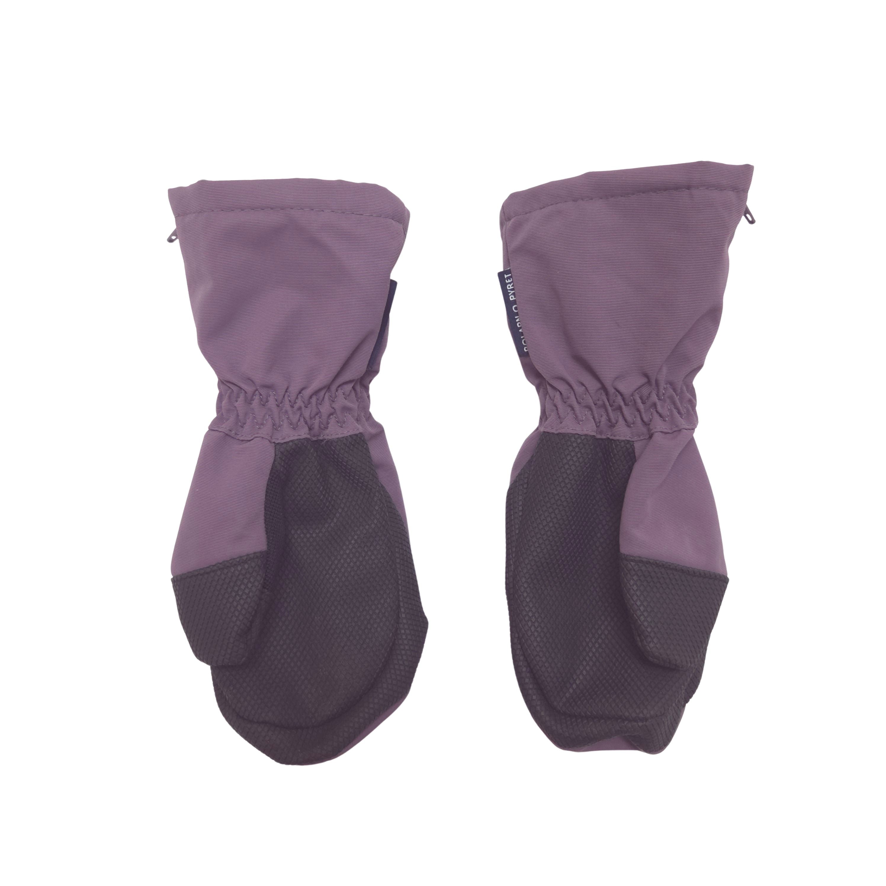 A pair of purple mittens shown flat against a white background.