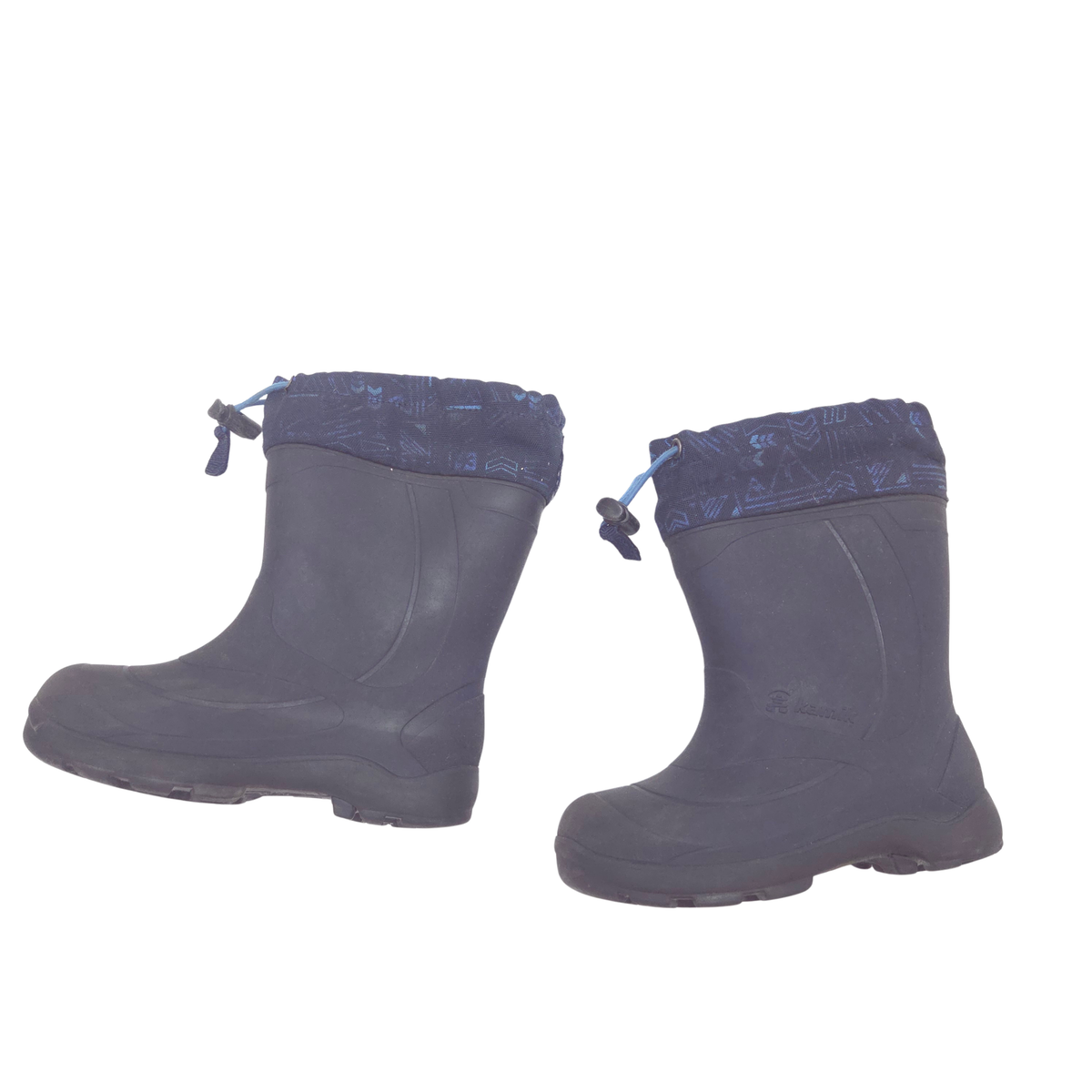 A pair of navy waterproof rain boots with a blue patterned fabric cuff and drawstring, shown against a plain white background.