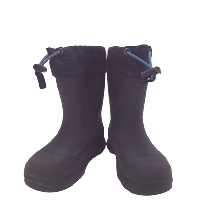 A pair of navy waterproof boots with a  blue drawstrings, shown against a plain white background.