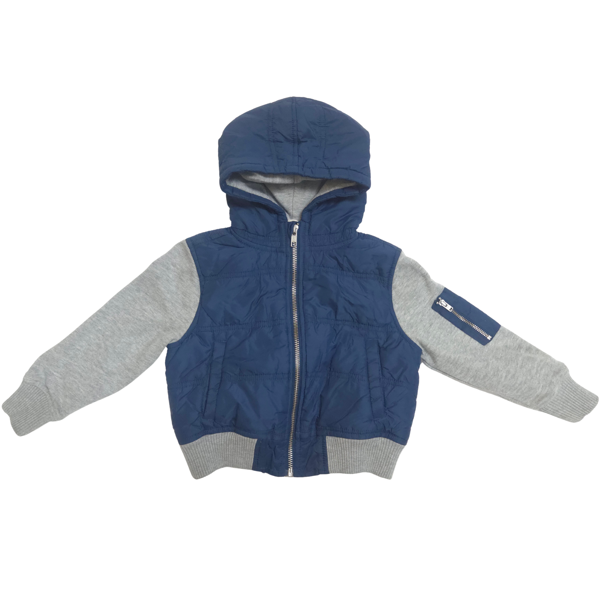 Blue and gray jacket with a hood on a white background front