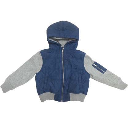 Blue and gray jacket with a hood on a white background front