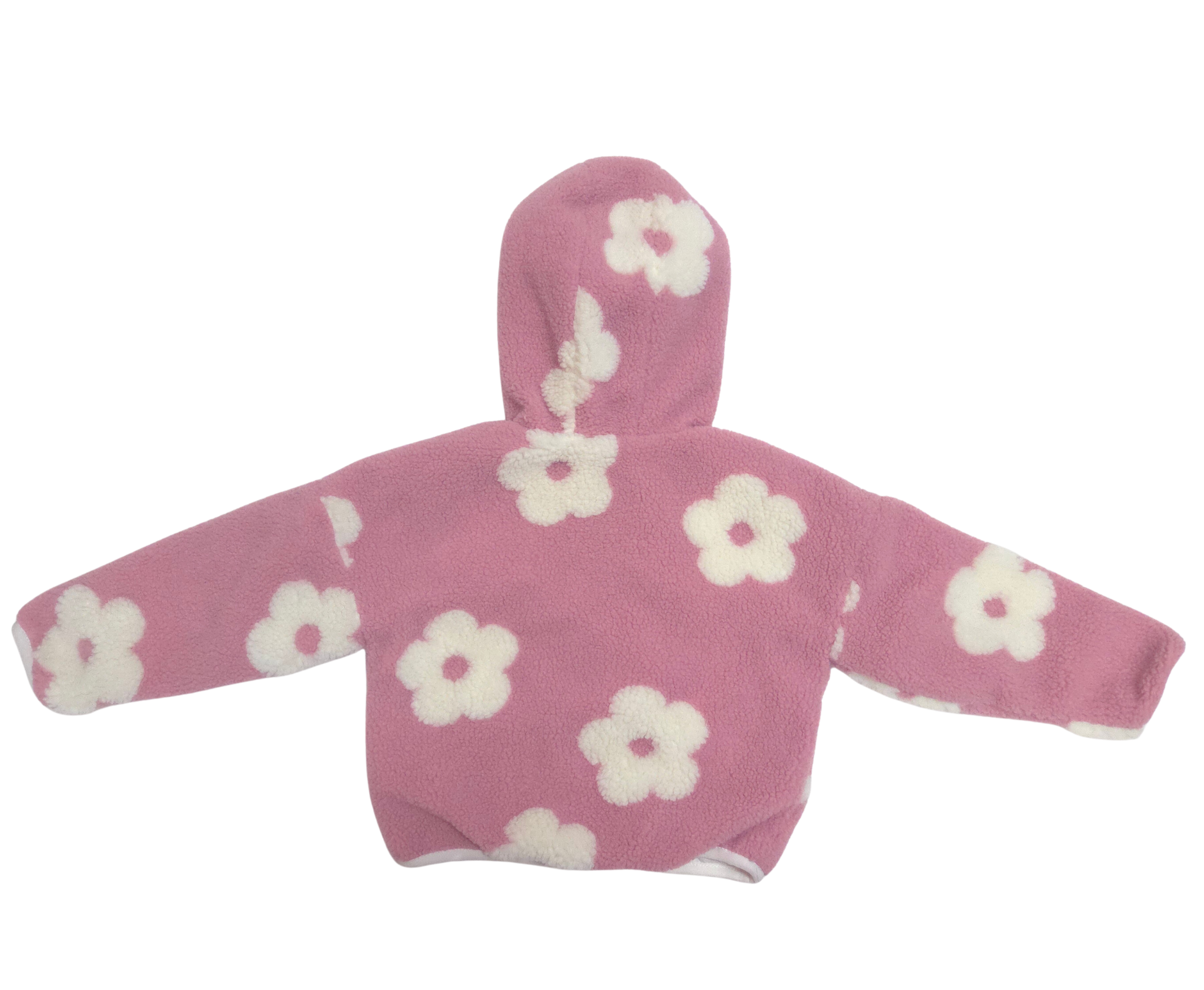 Pink children's jacket with white floral patterns hodded