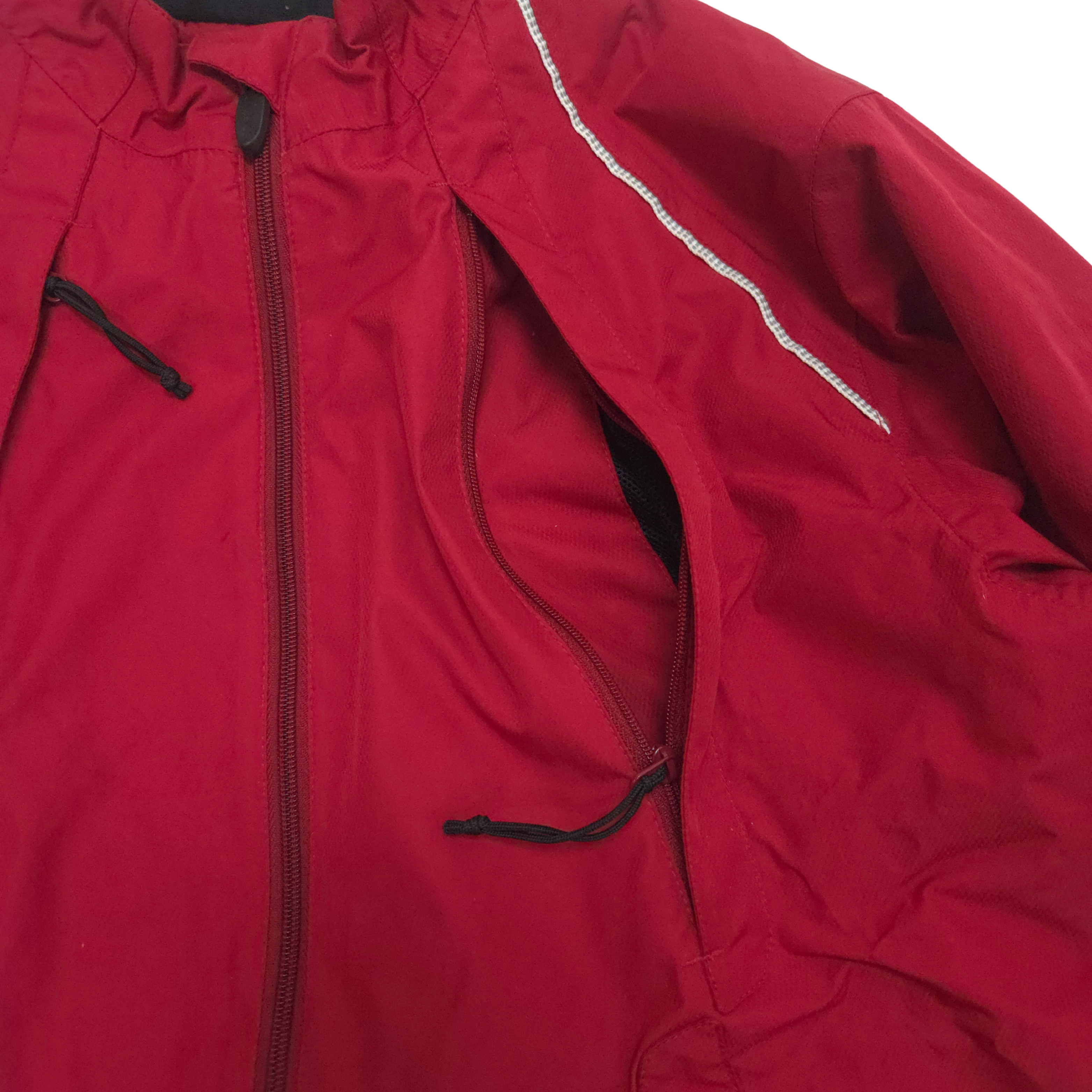 Red jacket with a zipper pocket on a white background