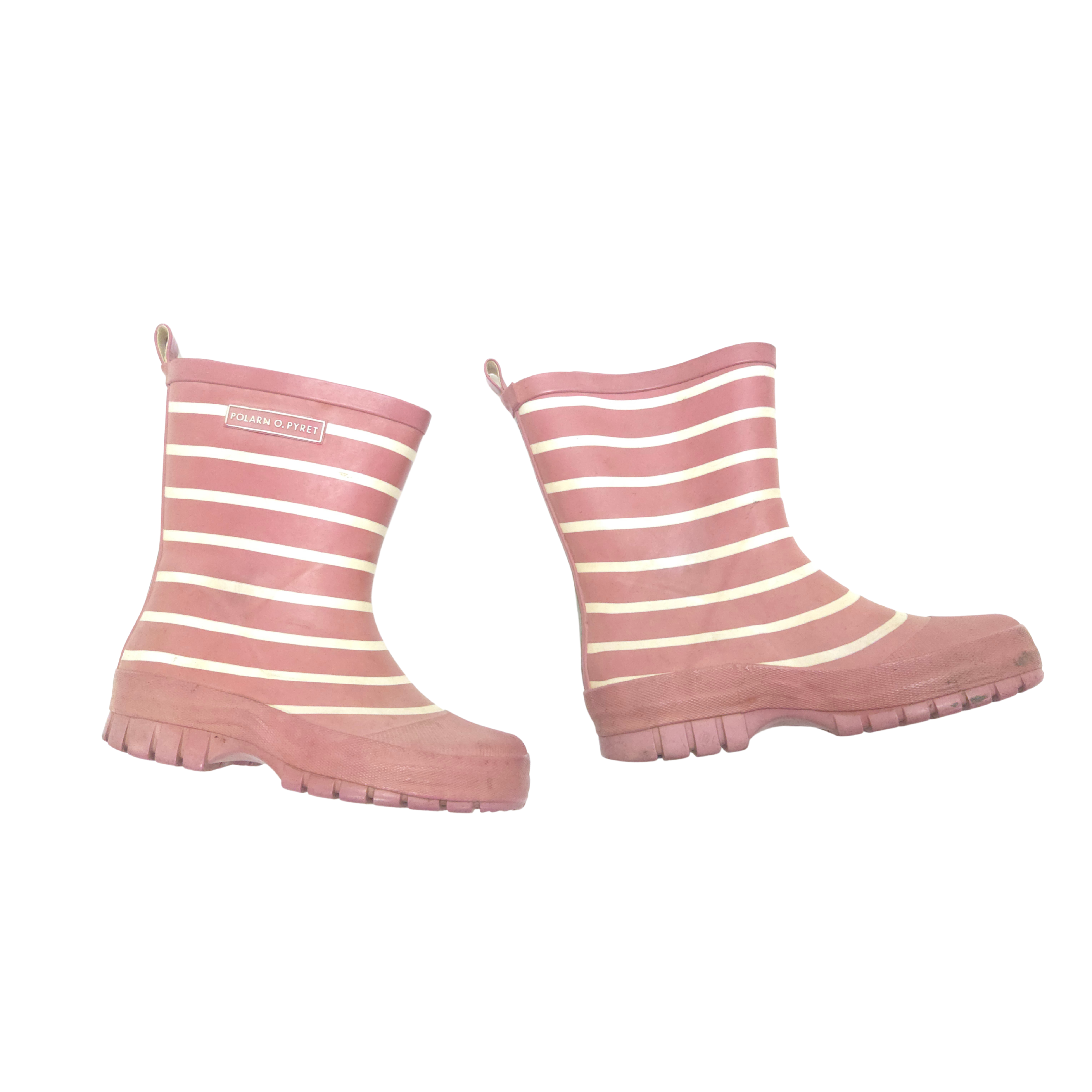 Pair of pink and white striped rain boots on a white background