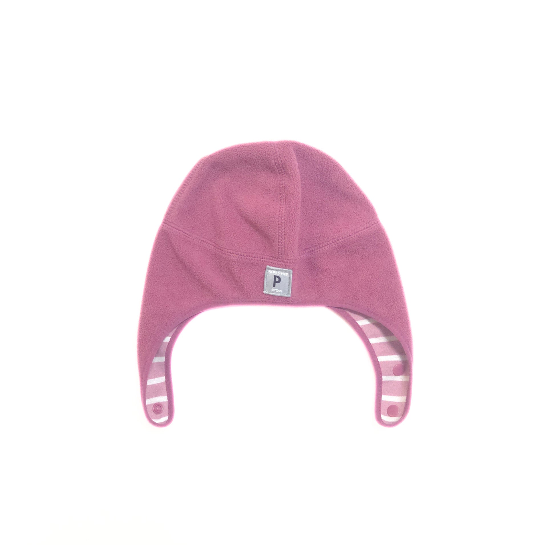Pink baby hat with a logo on a white background