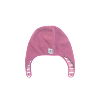 Pink baby hat with a logo on a white background