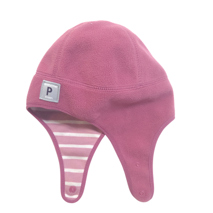 Pink baby hat with a striped band on a white background