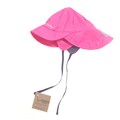 Pink sun hat with a tag on a white background