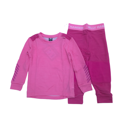 A children's two-piece knit wool outfit set in shades of pink, featuring a long-sleeve top with striped sleeve details and matching jogger pants.